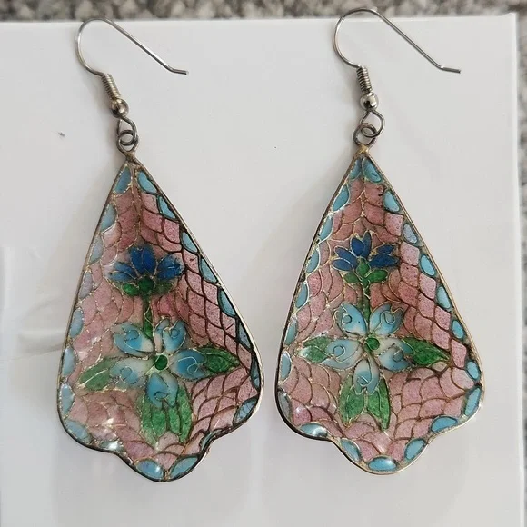 Rare Vintage Plique A Jour Translucent Cloisonne Enamel Earrings Floral Design